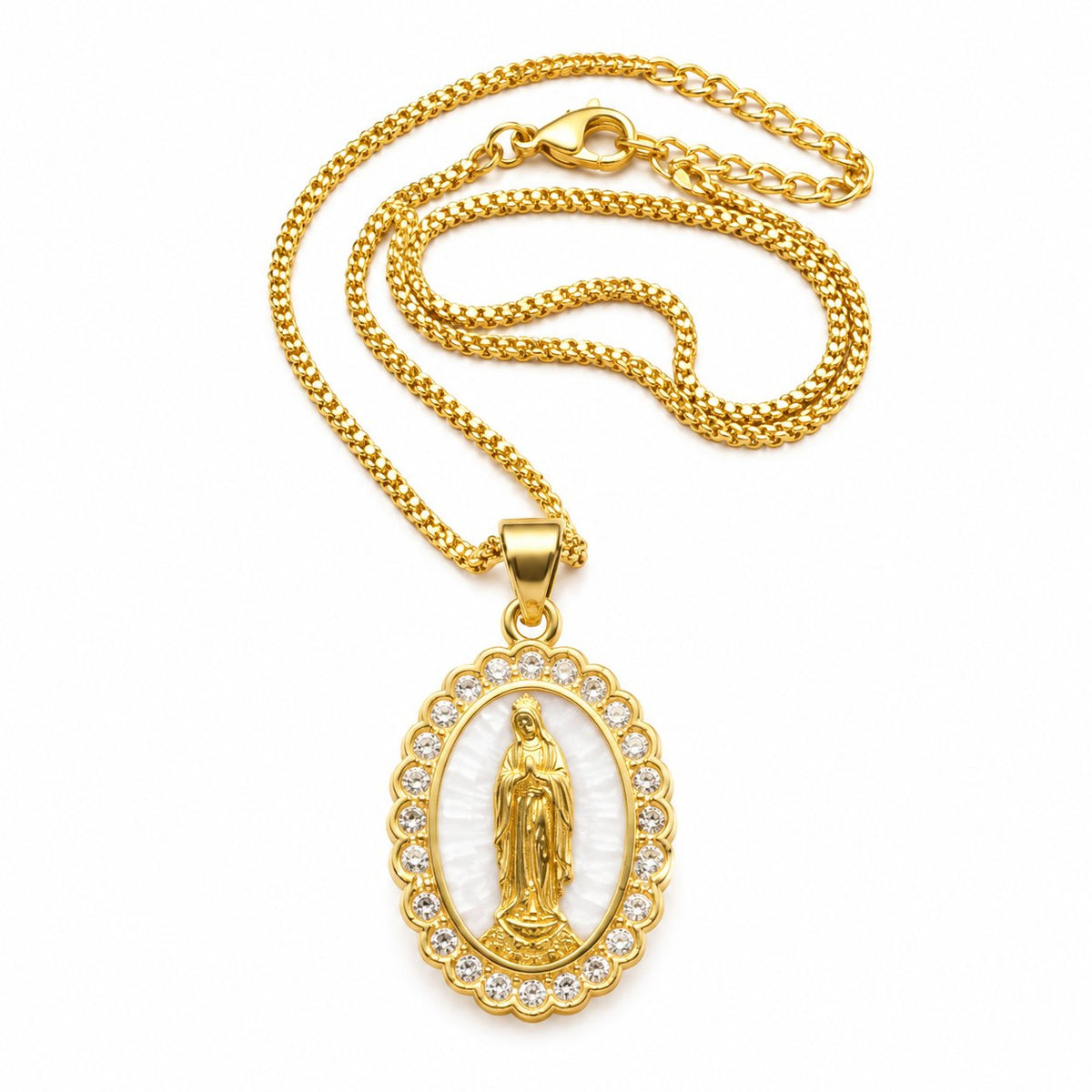 couleur Bianco β Collana Madonna di Guadalupe β Medaglione Dorato con Zirconi e Confezione Regalo
