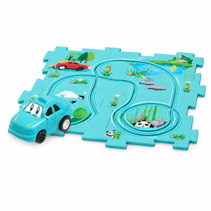 couleur Acqua — Pista Puzzle Elettrica con Macchinina – Circuito a Incastro per Bambini