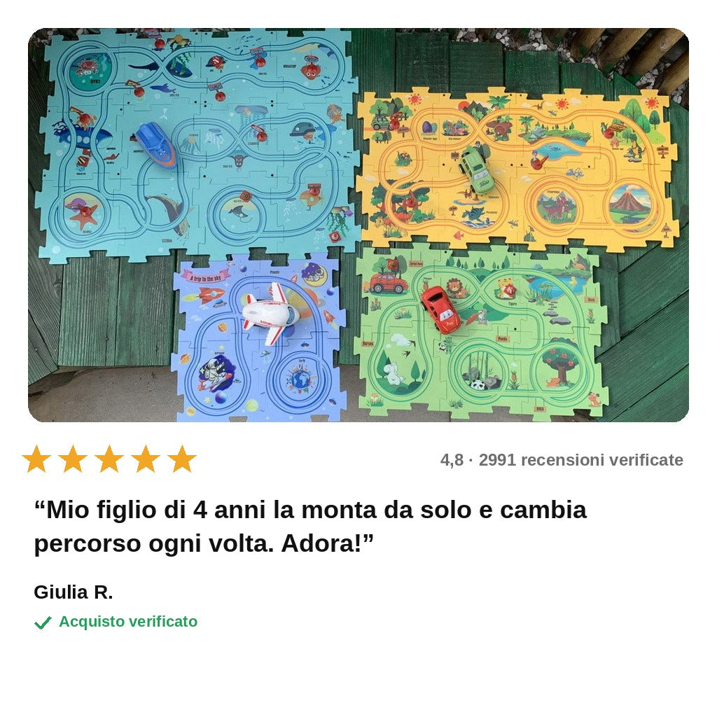 avis — Pista Puzzle Elettrica con Macchinina – Circuito a Incastro per Bambini