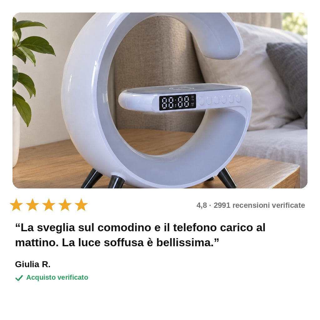 avis — Cassa Bluetooth Sveglia con Caricatore Wireless e Luce d'Atmosfera – Orologio, Radio FM e Ricarica Telefono