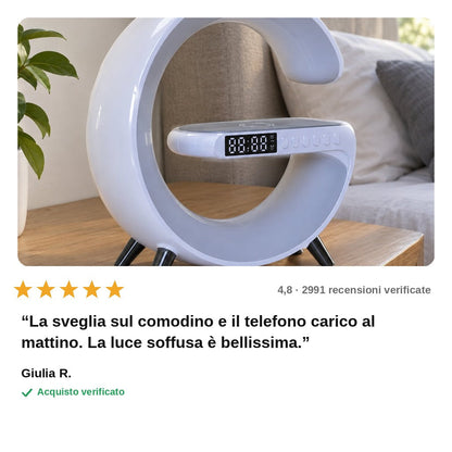 avis — Cassa Bluetooth Sveglia con Caricatore Wireless e Luce d'Atmosfera – Orologio, Radio FM e Ricarica Telefono