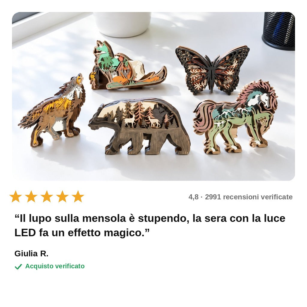 avis — Lupo in Legno 3D – Paesaggio Dipinto a Mano