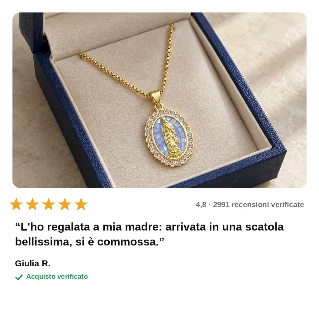 avis — Collana Madonna di Guadalupe – Medaglione Dorato con Zirconi e Confezione Regalo