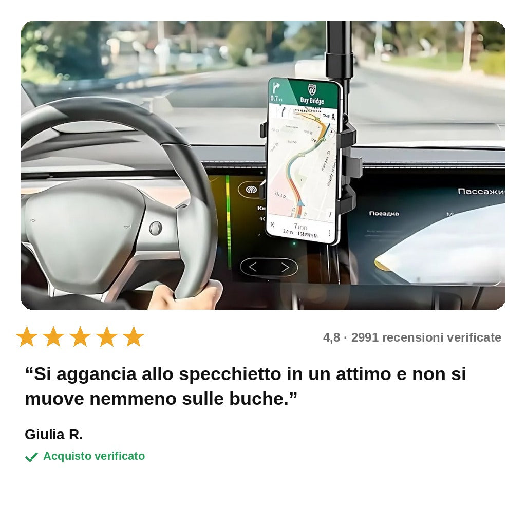 avis — Supporto Telefono da Specchietto Retrovisore 360° – Braccio Regolabile, Si Aggancia Senza Adesivi
