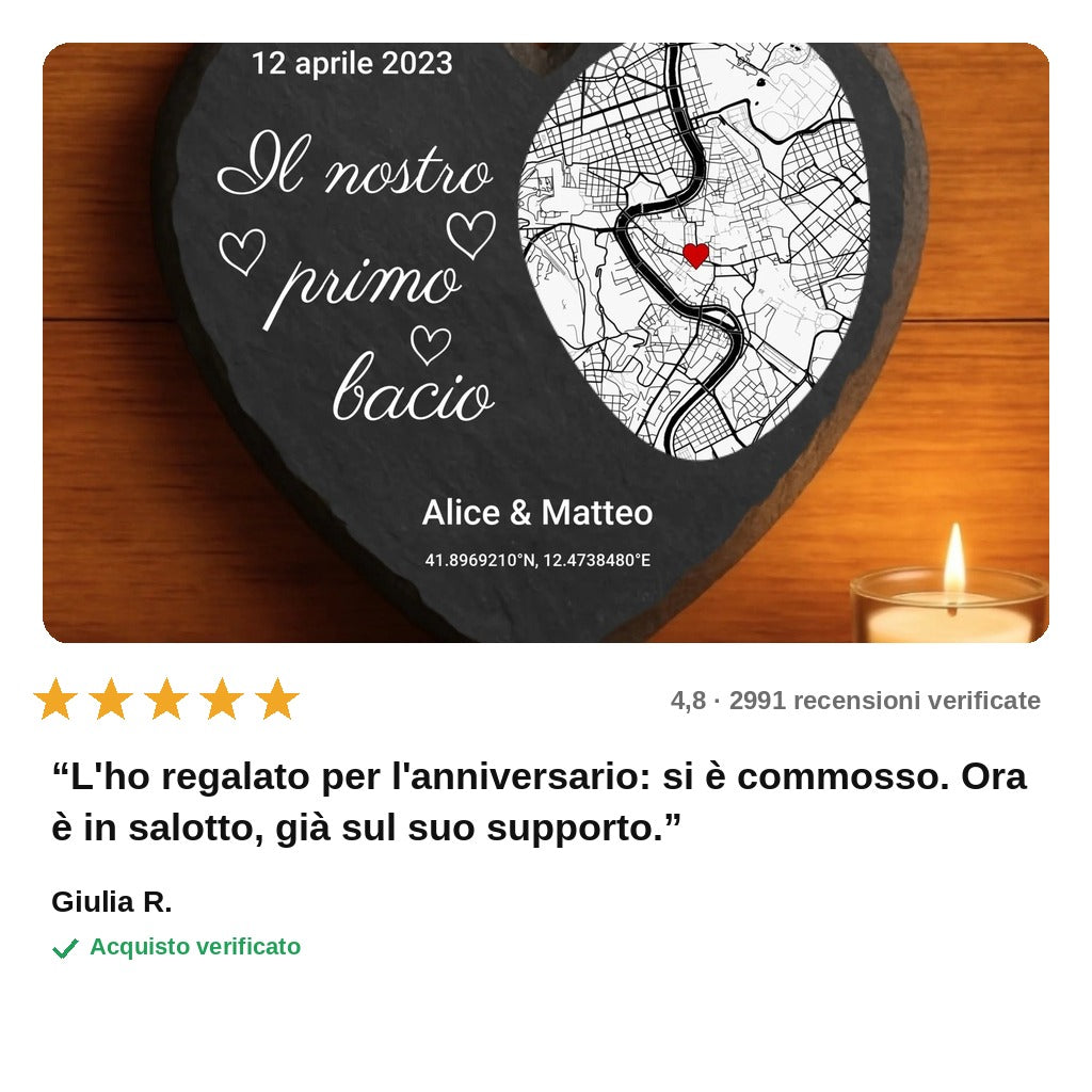 avis — Cuore in Ardesia Personalizzato «Il Nostro Primo Bacio» – Mappa, Data, Nomi e Coordinate GPS (20×20 cm)
