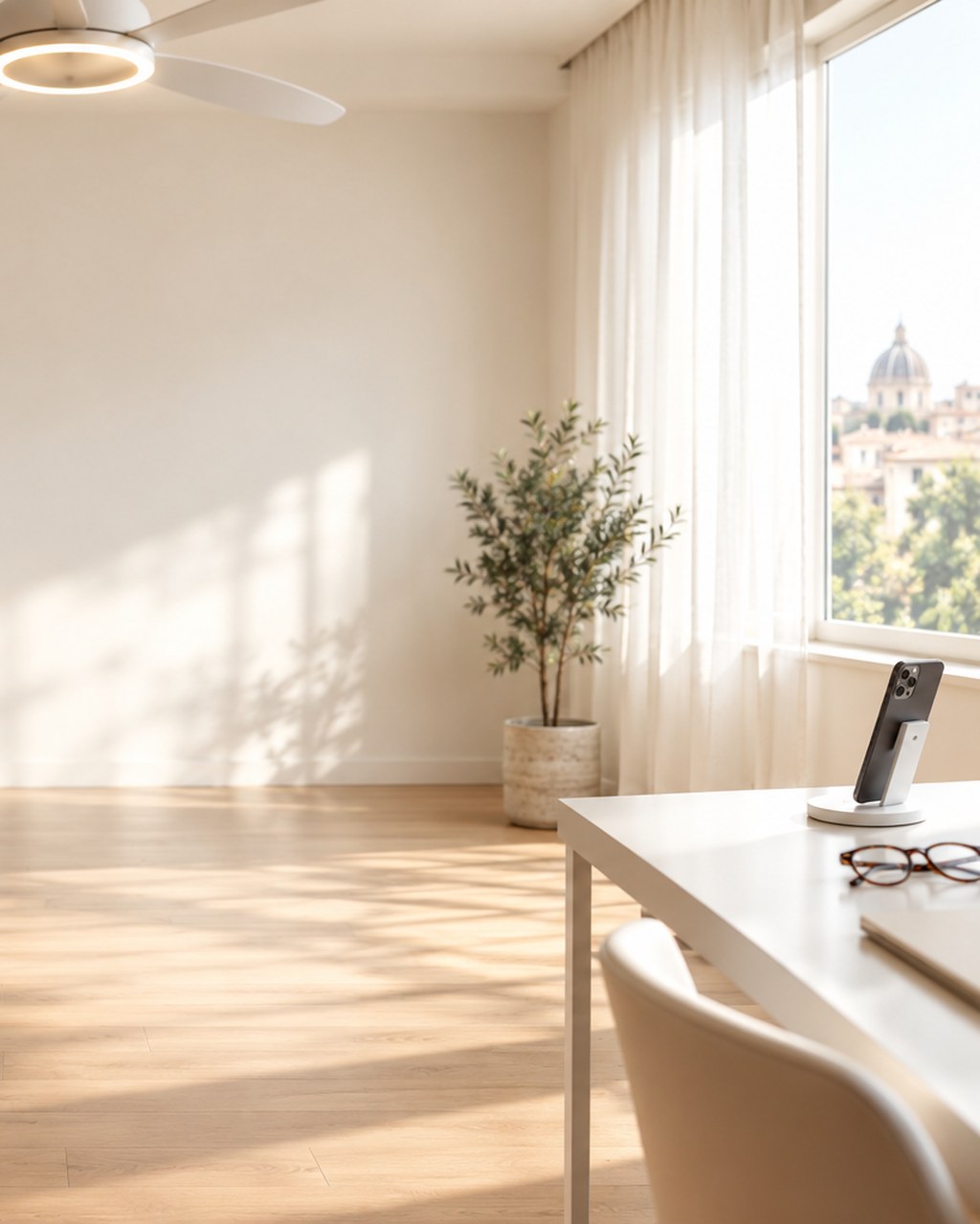 Soggiorno luminoso con ventilatore LED e supporto wireless — Cortano