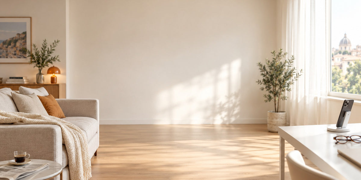 Soggiorno luminoso con ventilatore LED e supporto wireless — Cortano