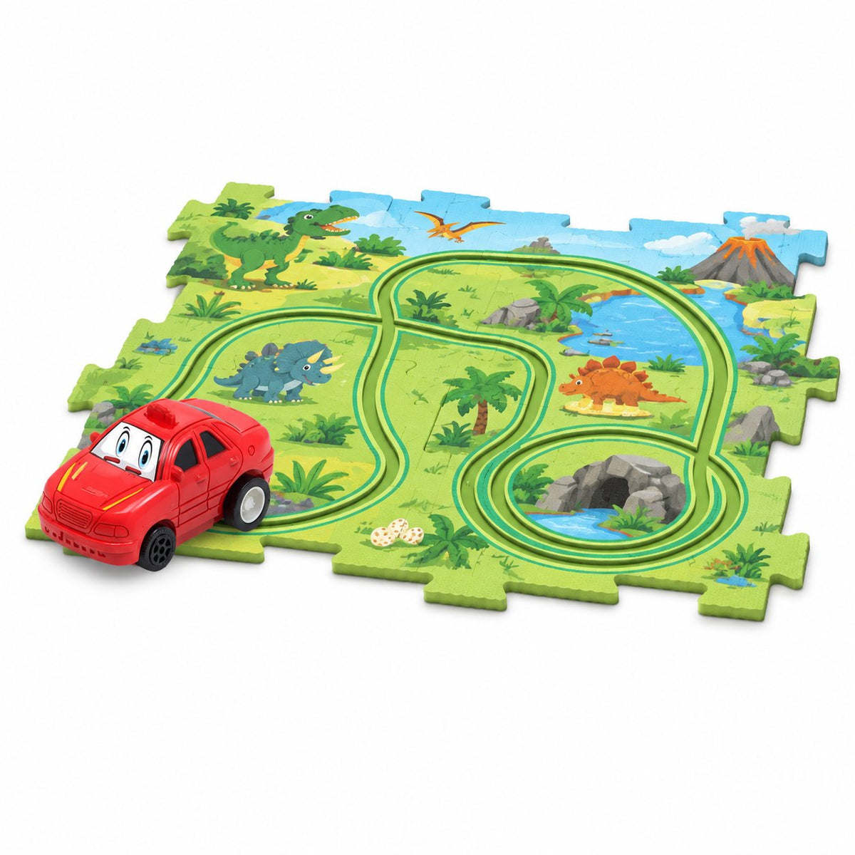 couleur Dinosauri — Pista Puzzle Elettrica con Macchinina – Circuito a Incastro per Bambini