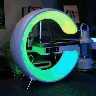 gif — Cassa Bluetooth Sveglia con Caricatore Wireless e Luce d'Atmosfera – Orologio, Radio FM e Ricarica Telefono
