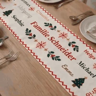 gif — Runner da tavola natalizio personalizzato con i nomi della famiglia – 180 × 30 cm