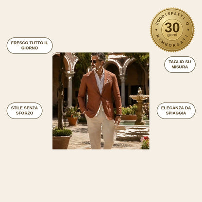 infographie — Completo Uomo in Lino LinoAmalfi™ – Giacca e Pantalone Freschezza Estiva