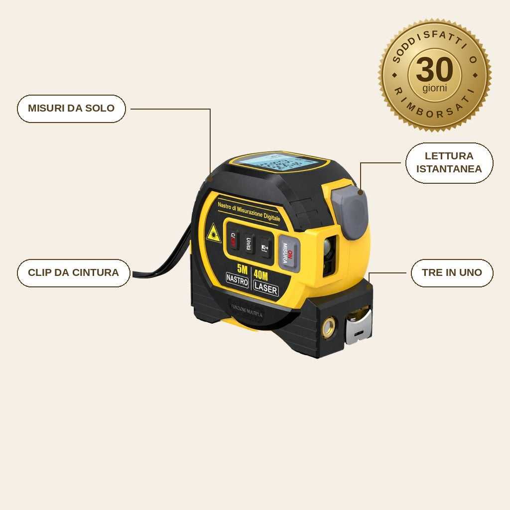 infographie — Metro Laser Digitale 3 in 1 – Telemetro 40 m + Metro a Nastro + Display LCD