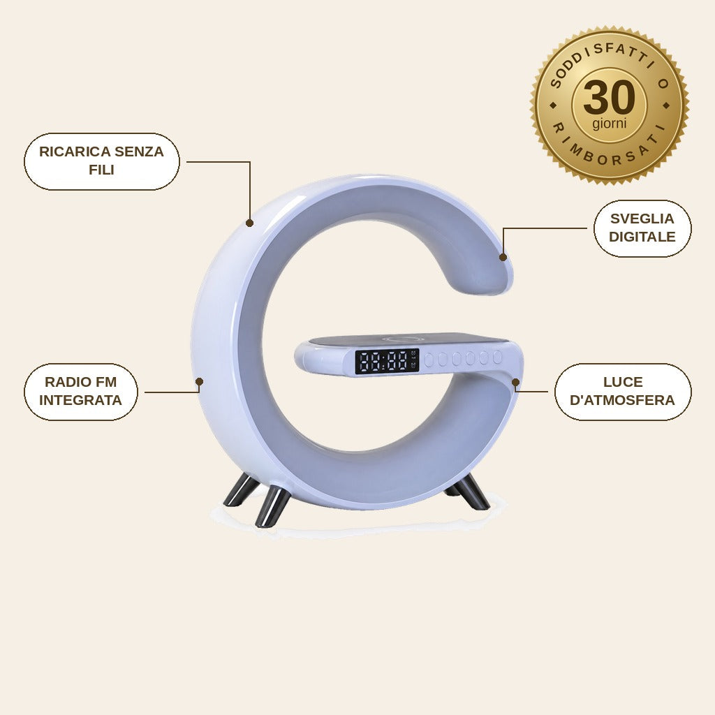 infographie — Cassa Bluetooth Sveglia con Caricatore Wireless e Luce d'Atmosfera – Orologio, Radio FM e Ricarica Telefon
