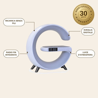 infographie — Cassa Bluetooth Sveglia con Caricatore Wireless e Luce d'Atmosfera – Orologio, Radio FM e Ricarica Telefon