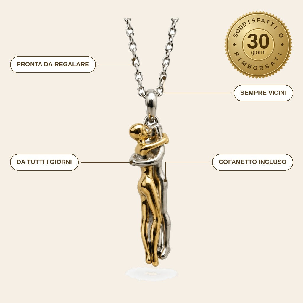 infographie — Collana Abbraccio Infinito – Due Figure Strette in un Abbraccio