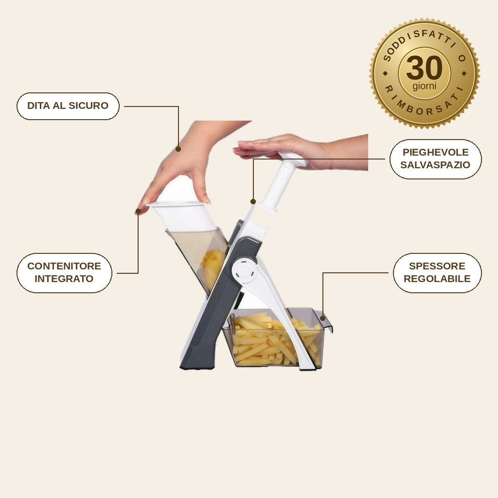 infographie — Affettaverdure Pieghevole 5 in 1 con Spintore di Sicurezza