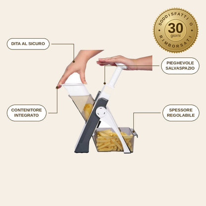 infographie — Affettaverdure Pieghevole 5 in 1 con Spintore di Sicurezza