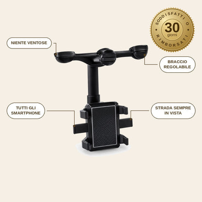 infographie — Supporto Telefono da Specchietto Retrovisore 360° – Braccio Regolabile, Si Aggancia Senza Adesivi