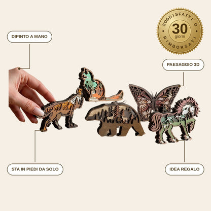 infographie — Lupo in Legno 3D – Paesaggio Dipinto a Mano