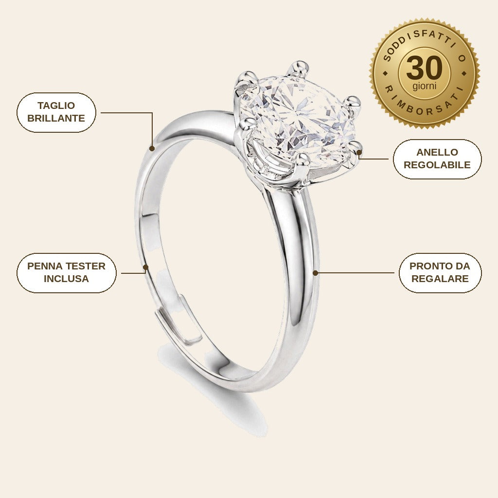 infographie — Solitario Lucenta™ – Anello in Moissanite Taglio Brillante, Regolabile