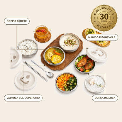 infographie — Portapranzo Termico Impilabile in Acciaio Inox – Set da 4 Contenitori con Borsa