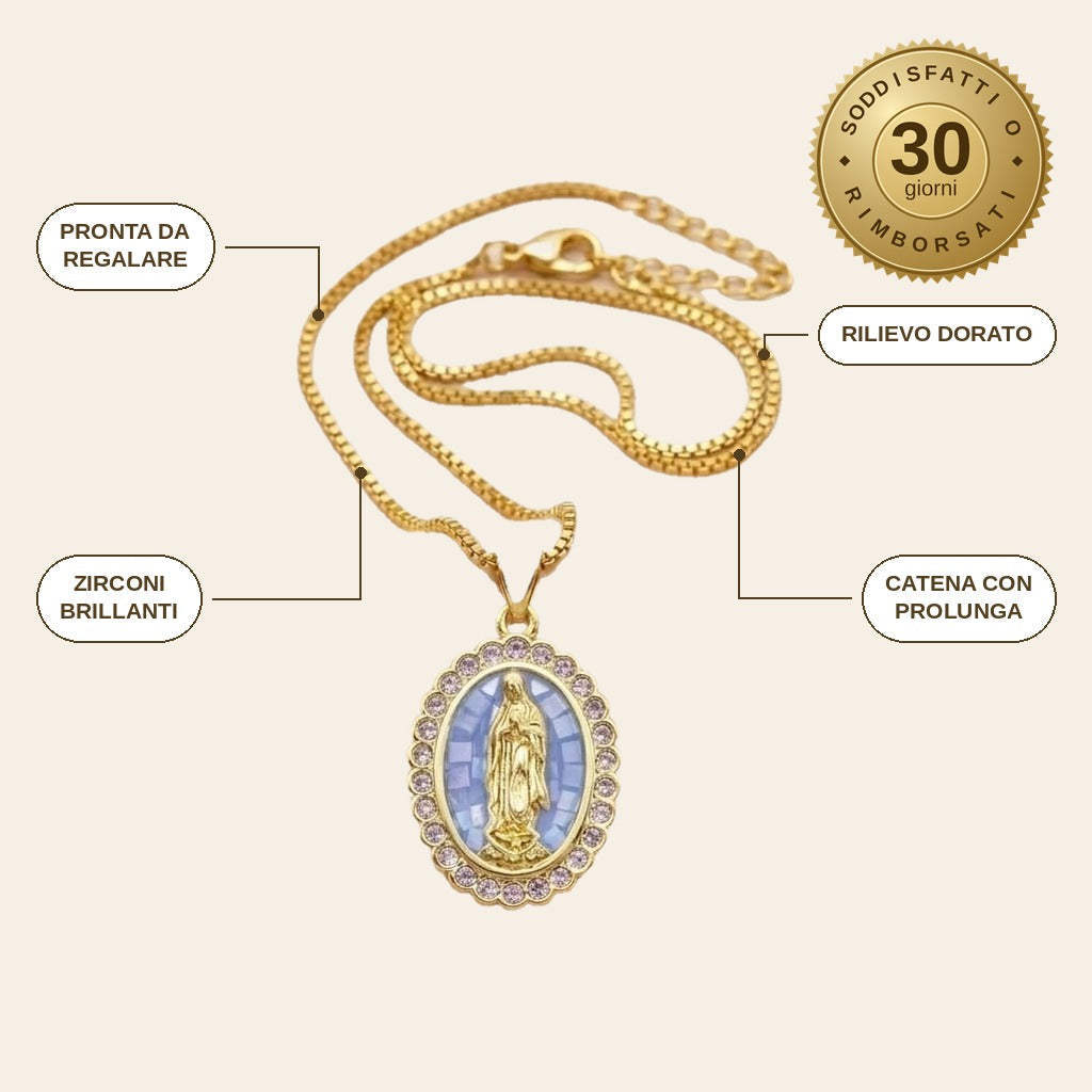infographie — Collana Madonna di Guadalupe – Medaglione Dorato con Zirconi e Confezione Regalo