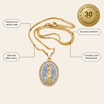 infographie — Collana Madonna di Guadalupe – Medaglione Dorato con Zirconi e Confezione Regalo