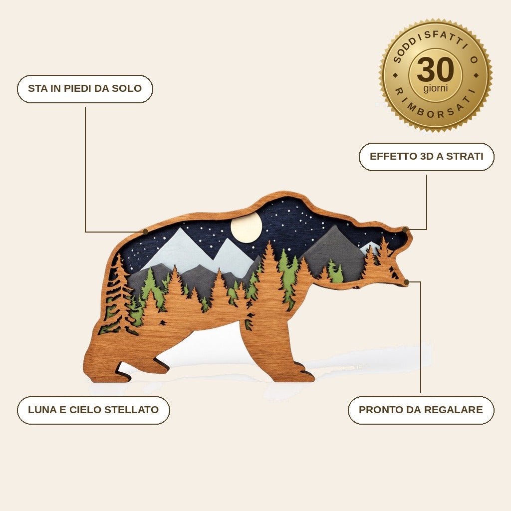 infographie — Orso Decorativo in Legno 3D – Foresta Notturna con Luna e Stelle