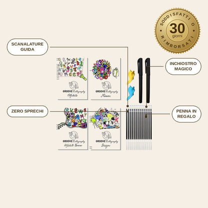 infographie — Quaderni di Calligrafia Riutilizzabili con Scanalature – Set da 4