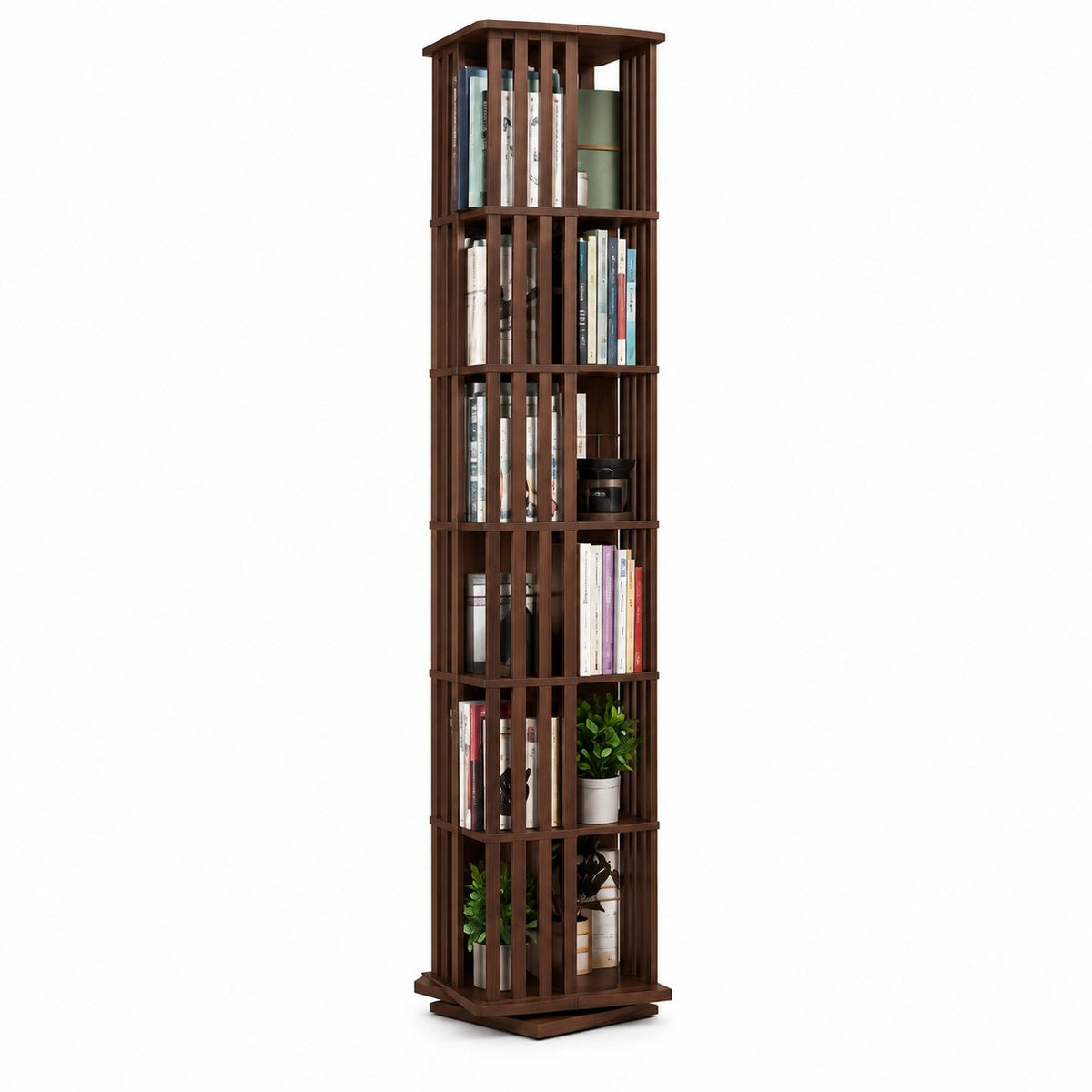 couleur Legno scuro — Libreria Girevole 360° in Bambù – 6 Ripiani, 37 × 37 cm