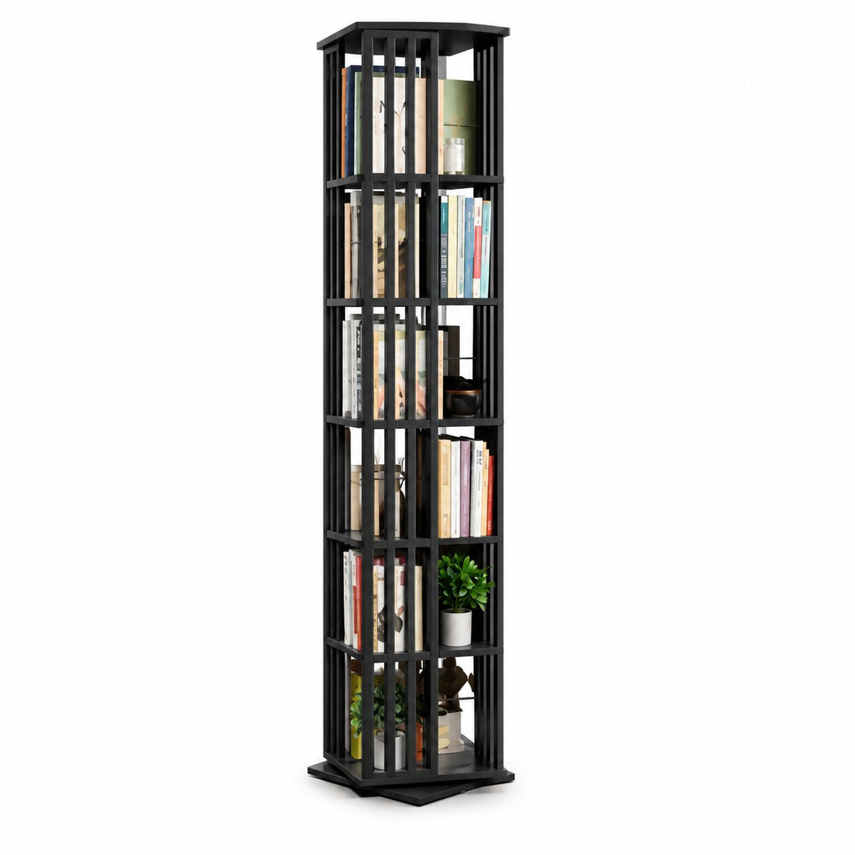 couleur Nero — Libreria Girevole 360° in Bambù – 6 Ripiani, 37 × 37 cm