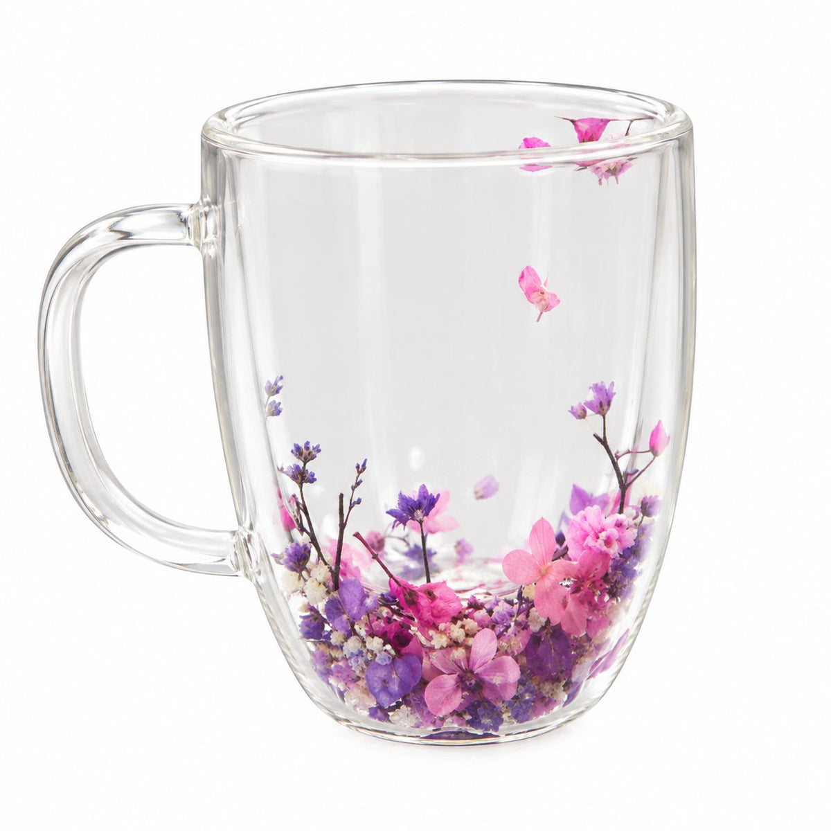 couleur Rosa e viola — Tazza in Vetro a Doppia Parete con Fiori Secchi – 350 ml