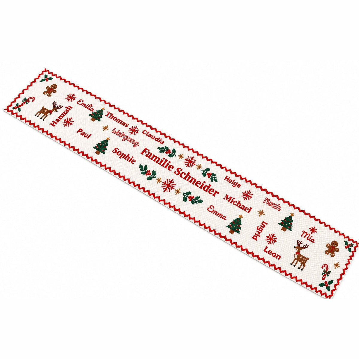 couleur Rosso/bianco — Runner da tavola natalizio personalizzato con i nomi della famiglia – 180 × 30 cm
