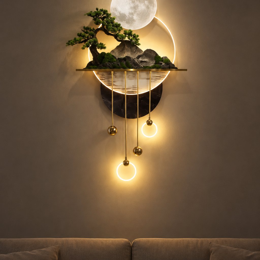 situation — Quadro LED 3D Bonsai e Luna – Scultura Luminosa da Parete