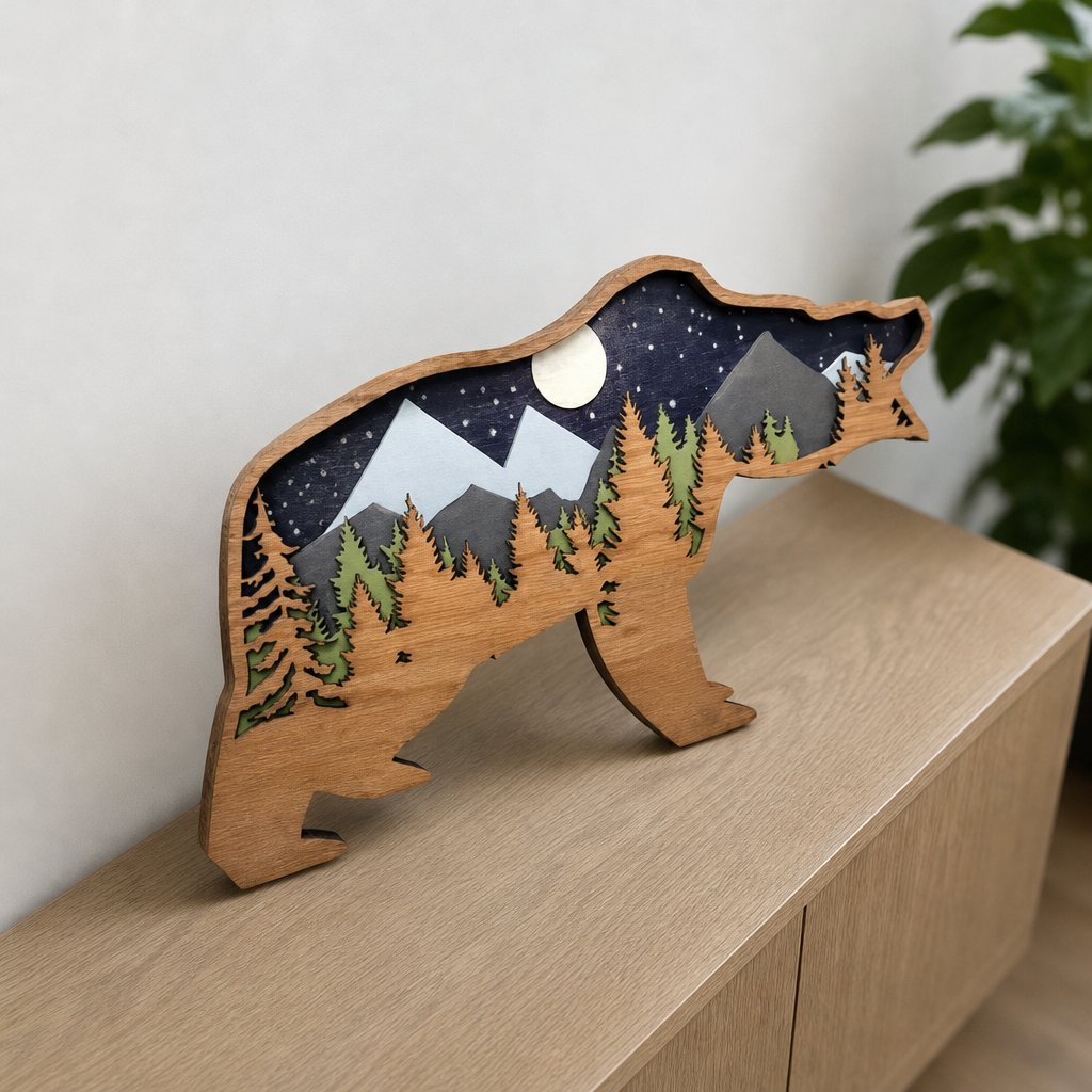 situation — Orso Decorativo in Legno 3D – Foresta Notturna con Luna e Stelle