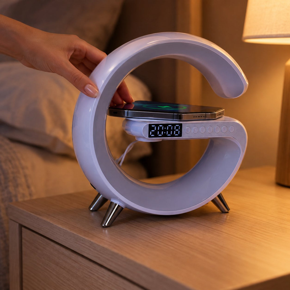 situation — Cassa Bluetooth Sveglia con Caricatore Wireless e Luce d'Atmosfera – Orologio, Radio FM e Ricarica Telefono
