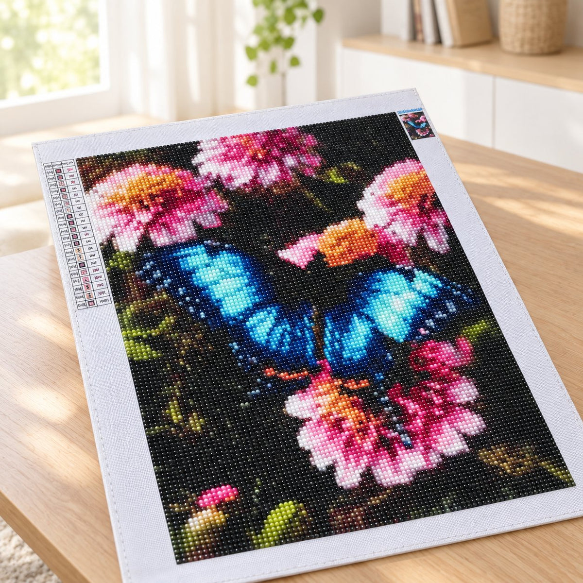 situation — Kit Pittura Diamante 30×40 cm – Farfalla Turchese tra i Fiori Rosa