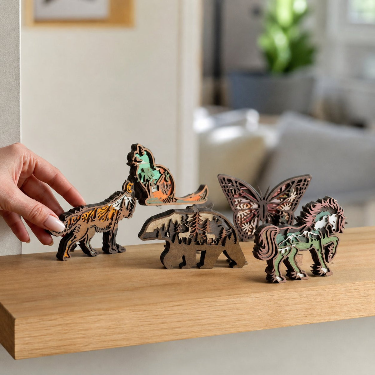 packshot — Lupo in Legno 3D – Paesaggio Dipinto a Mano