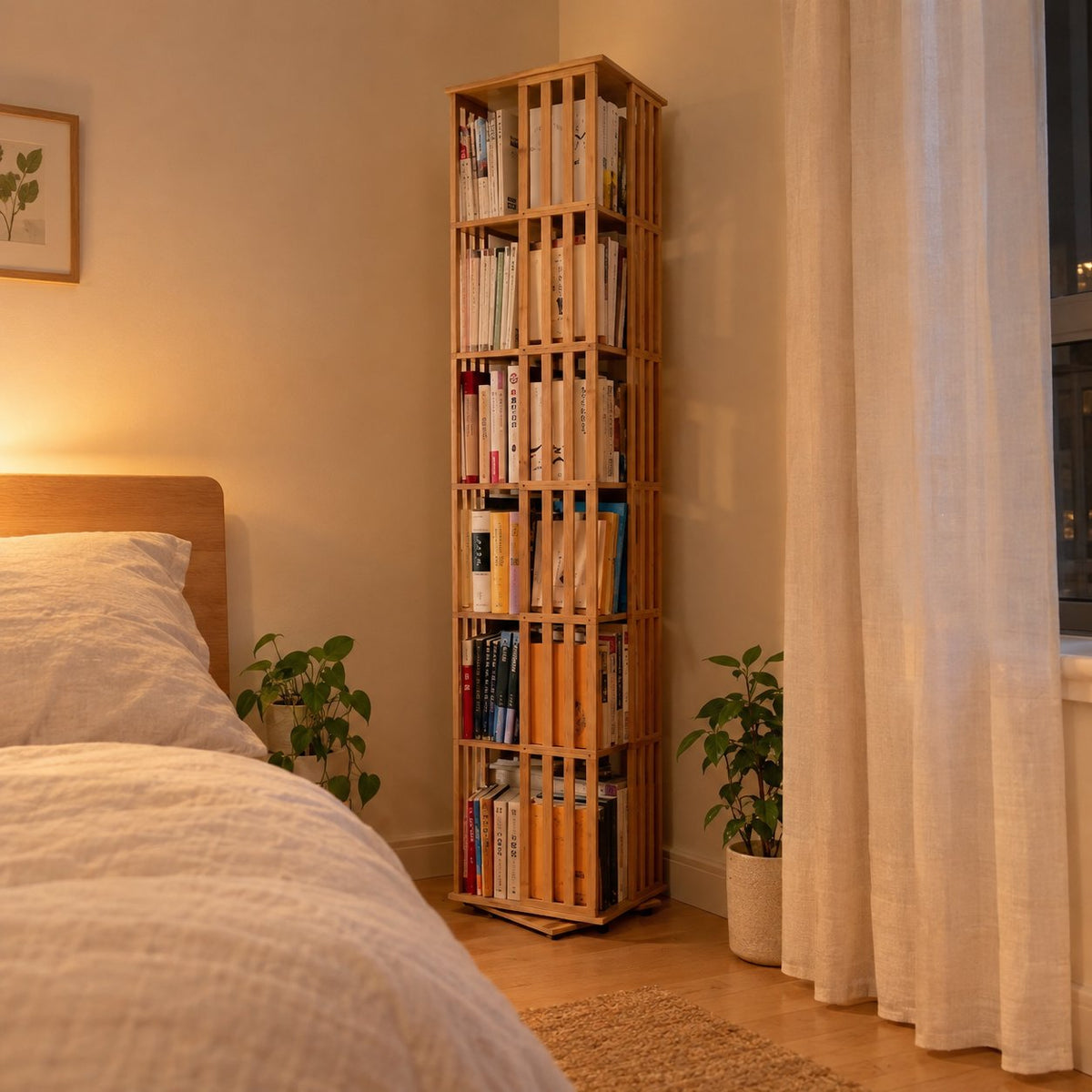 situation — Libreria Girevole 360° in Bambù – 6 Ripiani, 37 × 37 cm
