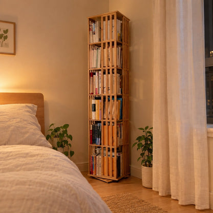 situation — Libreria Girevole 360° in Bambù – 6 Ripiani, 37 × 37 cm