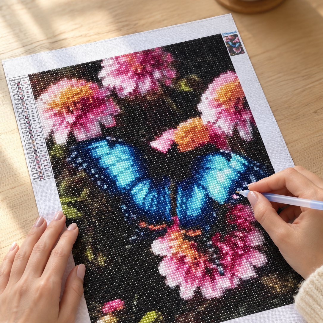 packshot — Kit Pittura Diamante 30×40 cm – Farfalla Turchese tra i Fiori Rosa