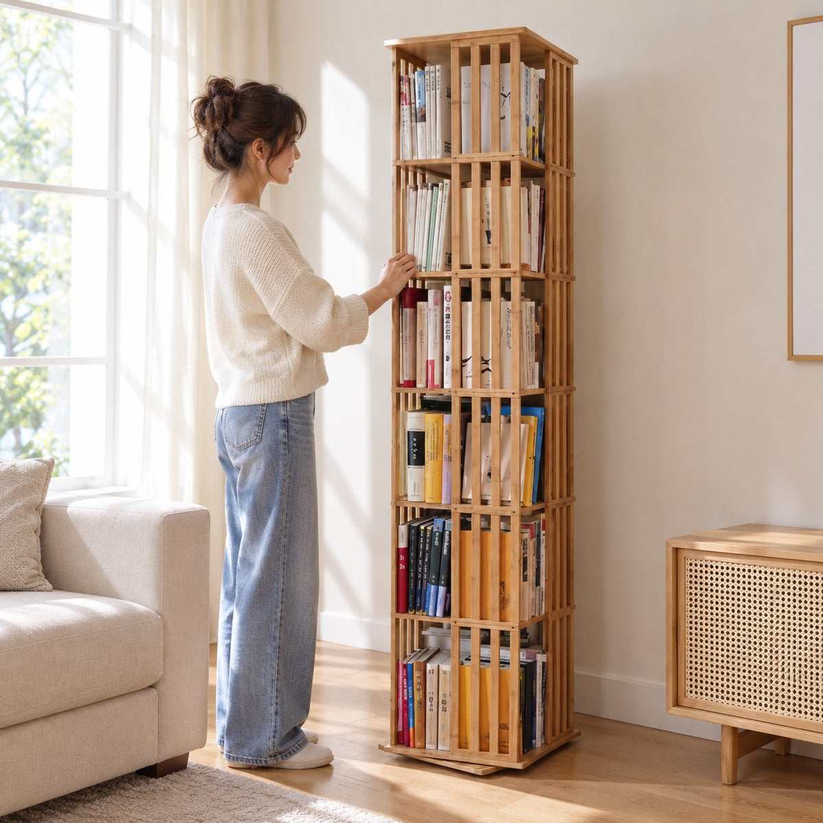 situation — Libreria Girevole 360° in Bambù – 6 Ripiani, 37 × 37 cm