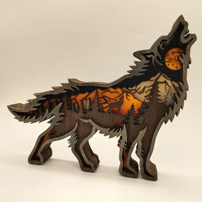 variante Lupo — Orso Decorativo in Legno 3D – Foresta Notturna con Luna e Stelle