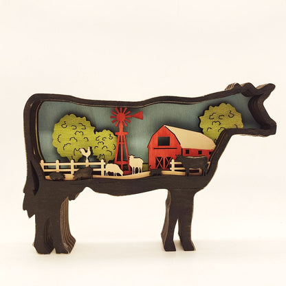 variante Mucca — Orso Decorativo in Legno 3D – Foresta Notturna con Luna e Stelle