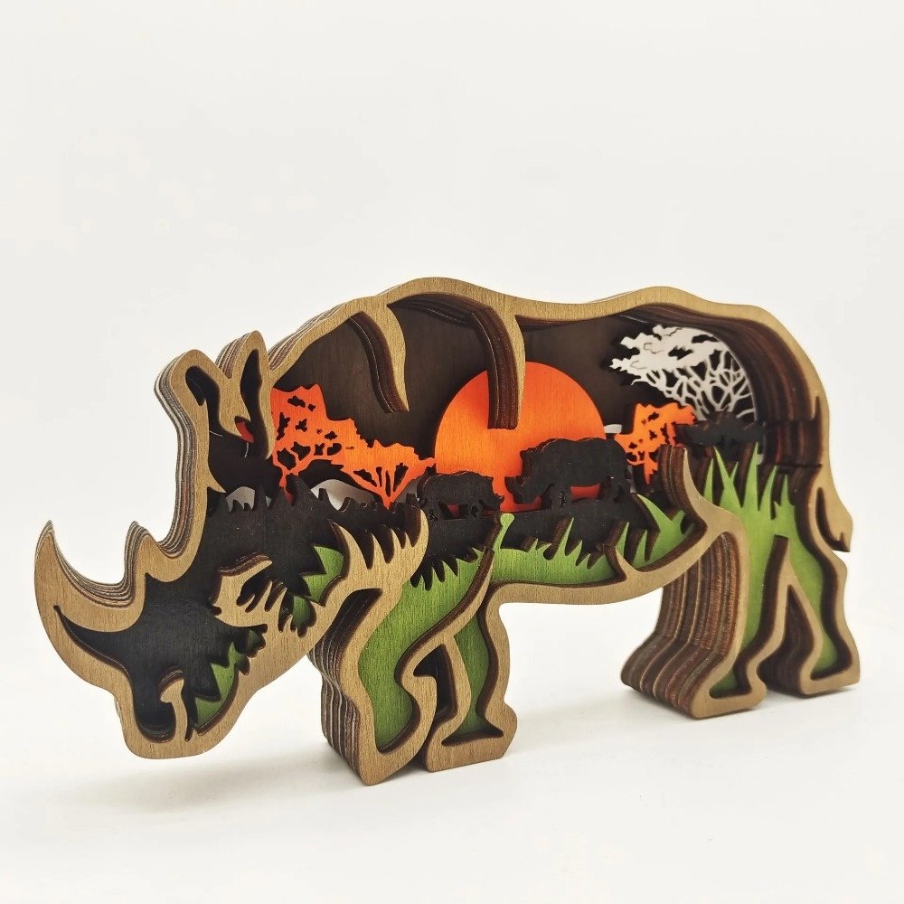 variante Rinoceronte — Orso Decorativo in Legno 3D – Foresta Notturna con Luna e Stelle