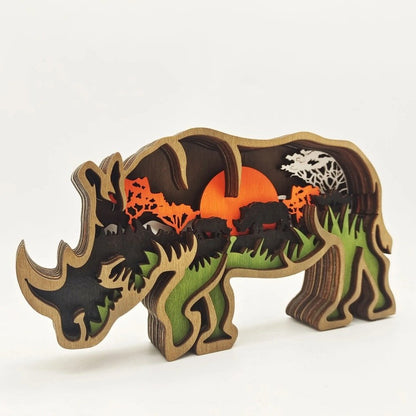variante Rinoceronte — Orso Decorativo in Legno 3D – Foresta Notturna con Luna e Stelle